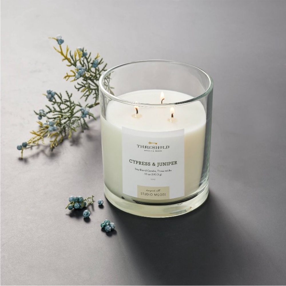 STUDIO MCGEE NWT 3 wick clear glass cypress juniper candle -white -18oz